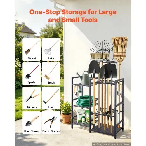 VEVOR Gartengeräte Ständer 740x300x805mm 3-Stöckiger Gerätehalter Schwarz, Aufbewahrungsregal für Garage Schuppen Garten & Outdoor, Organizer aus Stahl mit 3 Ablagefächern 6 Haken & Nivellierfüßen – Bild 4