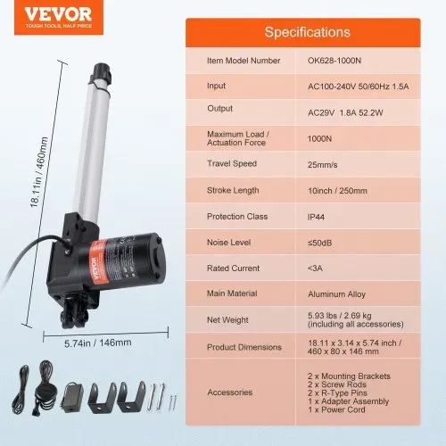 VEVOR 24V Linearaktuator-Kit 25,4cm 2,5 cm/s 99,79kg/1000N mit IP44-Schutz – Bild 6