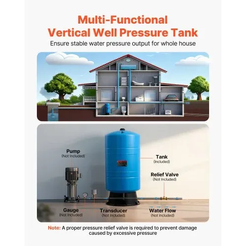 VEVOR Drucktank für vertikale Brunnen, 75,7 L vorgeladener Druckwassertank für Brunnenpumpen, Wasserspeicherbehälter aus Karbonstahl für Zuhause, Schule, Bauernhof und Bewässerungssysteme – Bild 4