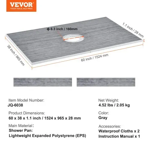 VEVOR Duschrand-Set, 1524 x 965 x 28 mm, großes Duschwannen-Set mit Zentralablauf, leichte EPS-Duschinstallationssets mit 2 wasserdichten Tüchern, Duschwannen-Neigungsstangen passend für Badezimmer – Bild 6