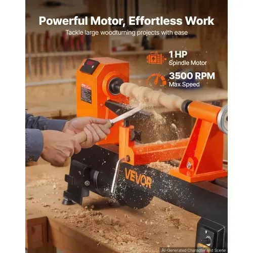 VEVOR Drechselbank 355 x 508 mm 750 W 1 PS Holzdrehmaschine 150-3500 U/min für Tischbeine und Spazierstöcke, Robuster Gusseisenrahmen, Überstromschutz, Erhöhungsblock und Zubehör für Holzarbeiten – Bild 3