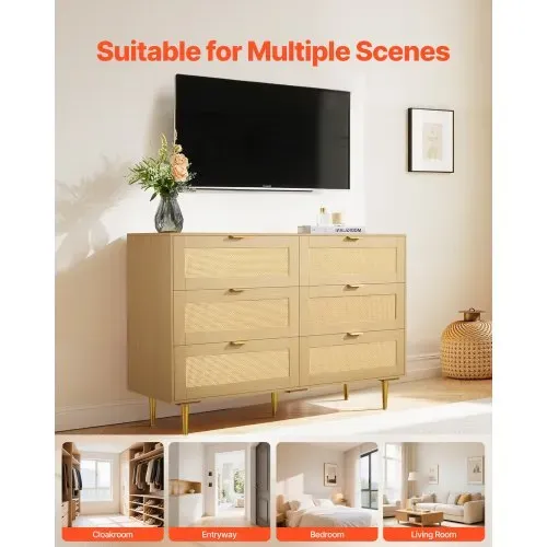 VEVOR Rattankommode Aufbewahrungsschrank mit 6 Schubladen & Metallgriffen und -beinen, moderner Rattanschrank für Schlafzimmer Wohnzimmer Flur (120 x 39,5 x 85,4 cm) Kleidungsschrank – Bild 6