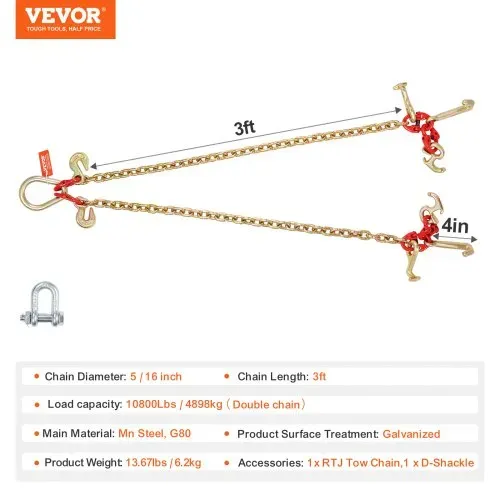 VEVOR G80 V-Zaumkette, 5/16 Zoll x 3 Fuß Abschleppkette mit R-Haken, T-Haken, J-Haken und Greifhaken, Transport-Abschleppkette mit 10800 lbs sicherer Arbeitslast für die Bergung von Pritschenwagen – Bild 6