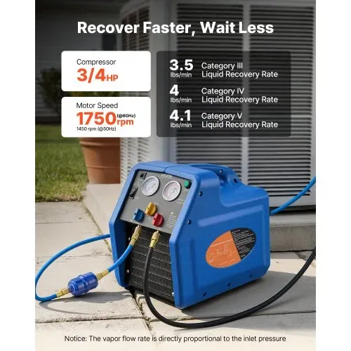 VEVOR Kältemittelabsauggerät Tragbare Kältemittel Absaugstation, 220V/50Hz 1450 U/min. 3/4 PS mit Einzylinder Absauganlage für Kältemittel A1 & A2L, Rückgewinnungsgerät für KFZ- & Hausklimaanlagen – Bild 2