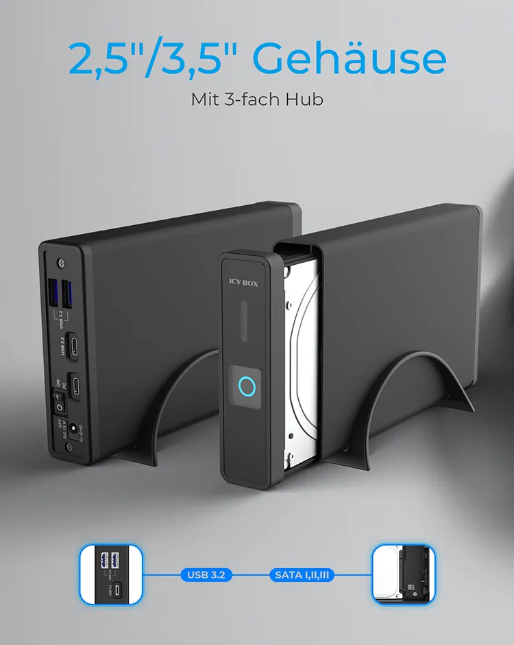ICY BOX IB-382H-C31, USB 3.2 Gen 2 Gehäuse für 2,5'' od. 3,5'' SATA HDD/SSD, integrierter Hub 1x USB-C 2x USB-A, 10 Gbit/s, 12V 3A Netzteil, schwarz – Bild 2