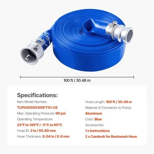 VEVOR Flachschlauch, 50,8 mm x 30 m, PVC-Abwasserschlauch, mit Klemmen, Camlock, Aluminiumbeschlägen, passend für verschiedene Pumpen, zur Abwasseraufbereitung, Wassertransport und weiteren Zwecken – Bild 6