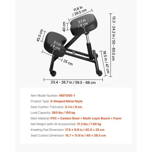 VEVOR Ergonomischer Kniehocker mit Rollen, Mobiler Höhenverstellbarer Kniestuhl in X-Form mit Dicken Schaumstoffpolstern, zur Entlastung von Nacken & Rücken, für Zuhause, Büro & Meditation, Schwarz – Bild 6