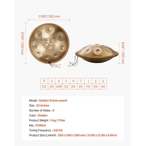 VEVOR Handpan Drum, 55 cm, 9-Ton-Stahlzungentrommel, 432 Hz, D-Moll, mit gewebtem Randschutz, 2 Schlägeln & Tragetasche, farbbeständiges Schlaginstrument für professionelle Auftritte – Bild 6