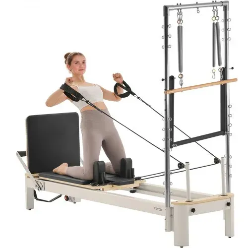 VEVOR Pilates Reformer Maschine für den Einsatz im Heim-Fitnessstudio, Krafttrainingsgerät mit doppeltem Widerstand, Reformer-Box & Sprungbrett, für Fortgeschrittene & Anfänger, bis zu 181,44 kg – Bild 9