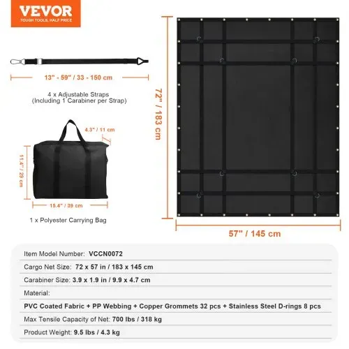 VEVOR Frachtnetz, 183 x 145 cm, LKW-Ladungsnetz für die Ladefläche, 4 verstellbare Gurte mit Karabinern und gummibeschichteten Haken, langlebig, geeignet für Pickup, Jeep, LKW, SUV, Boot (schwarz) – Bild 6