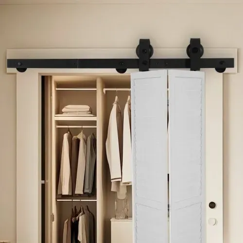 VEVOR Schiebetürsystem für faltbare Schiebetür, Schiebetürbeschlag 91,4 cm Laufschiene, geeignet für zwei 40,6 cm große Schrank-, Speisekammer- & Wäschetüren (nicht im Lieferumfang enthalten) – Bild 7
