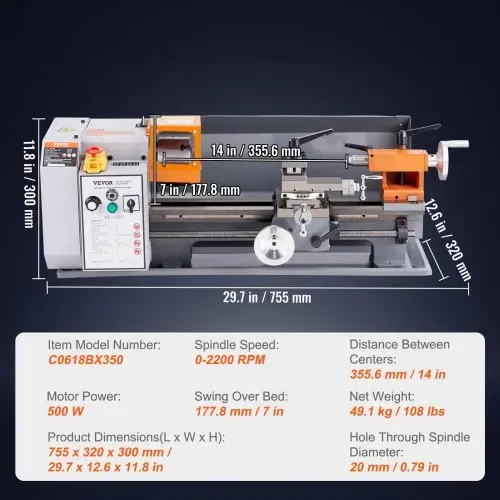 VEVOR Metalldrehmaschine 500W Drehbank Metall 18x36cm Tischdrehbank aus HT200-Gusseisen 0–2200U/min Poly-V-Riemen-Übertragung 20mm Bohrung durch die Spindel Geeignet für 0,5-2,5mm Gewinde – Bild 6