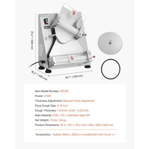 VEVOR elektrische Pizzateigpresse 355,6 mm Gebäck-Pressplatte, Brotpresse automatisch 370 W aus Edelstahl, kommerzieller Chapati Presse, Formmaschine mit einstellbarer Dicke, Teigstücke pro Stunde – Bild 6