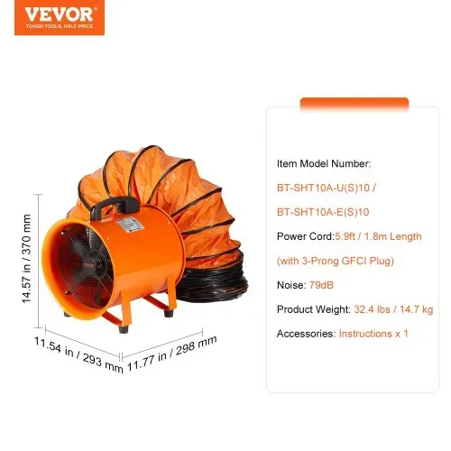 VEVOR Bauventilator 255-W-AC-Motor Baugebläse 2830 U/min Baulüfter Gebläse 1720 CFM (2922 m3/h) Axiallüfter mit 10 m Schlauch Axialgebläse 79 dB Geräuschpegel Industrielüfter – Bild 6