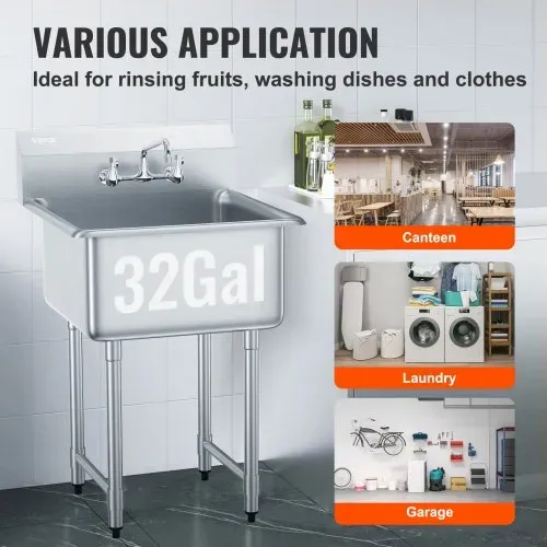 VEVOR Edelstahl Spültisch Gewerbliche Spülbecken 686 x 610 x 1041 mm, Spülbecken Edelstahl mit Wasserhahn 104 kg Tragfähigkeit, Edelstahlspüle Spülbecken Waschbecken Küche Freistehendes Spülbecken – Bild 5