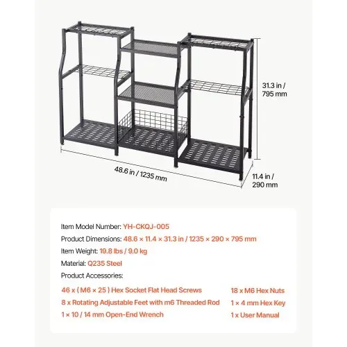 VEVOR Gartengeräte Ständer 1235x290x795mm 3-Stöckiger Gerätehalter Schwarz, Aufbewahrungsregal für Garage Schuppen Garten, Organizer aus Stahl für Besen Mopp Rechen, mit Ablagefächern & Nivellierfüßen – Bild 6