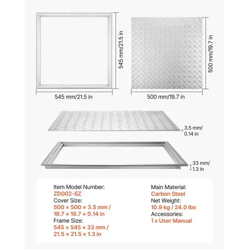 VEVOR Schachtabdeckung mit Rahmen 50 x 50 cm, Quadratischer Schachtdeckel Klärgrubendeckel, Hochbelastbarer Rutschfester Gullydeckel aus Kohlenstoffstahl für Abflussrinne, für Gehwege Gärten Höfe – Bild 2