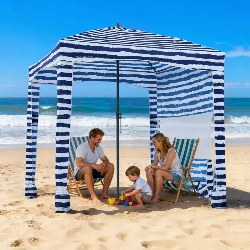 VEVOR Strand-Cabana, 183 x 183 cm Strandüberdachung mit Seitenwand, UPF 50+ Sonnenschutz, Strandpavillon mit Sandsäcken, tragbarer Sonnenschutz Sonnenschirm für Familie Freunde marineblaue Streifen – Bild 7