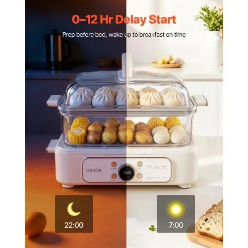 VEVOR Elektrischer Dampfgarer 6 L mit 2 Garebenen Glas 1200 W Weiß, Gemüse- und Speisegarer für 1–3 Personen mit Voreingestellten Programmen und Startzeitvorwahl, für Gemüse, Meeresfrüchte und Reis – Bild 4