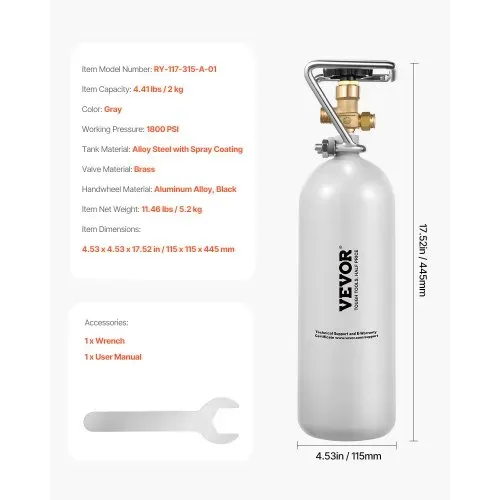 VEVOR CO2-Tank (2 kg) CO2 Flasche aus legiertem Stahl, CO2-Lufttank mit grauer Sprühbeschichtung, DIN477-Ventil, Griff und einstellbarem Druck, TÜV-geprüfter Gaszylinder für Fassbierausschank ohne CO₂ – Bild 6