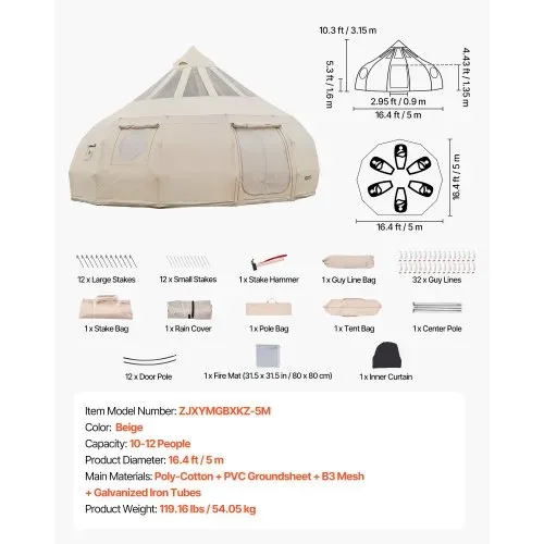 VEVOR Canvas-Glockenzelt, 5 m Jurte, 4 Jahreszeiten, mit Ofenrohrdurchführung & Regenhülle, Poly-Baumwoll-Gewebe, bis zu 12 Personen, für Familien-Camping, & Andere Outdoor-Aktivitäten, Beige – Bild 6