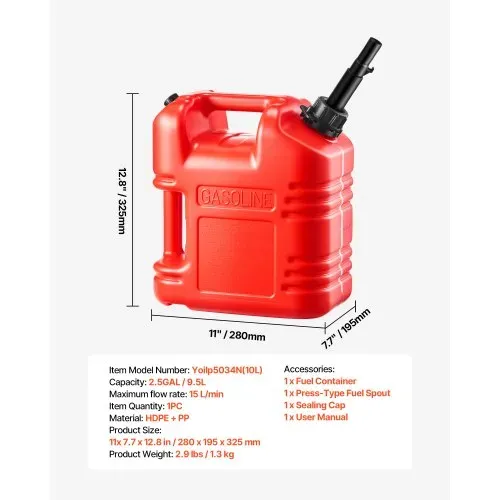VEVOR Kraftstoff Kanister, 9,5 L, Benzinkanister mit Ausguss & klarer Skala, max. Durchflussrate 15L/min, Flüssigkeitsbehälter für die meisten Autos, Motorräder, ATVs & UTVs, rot, 1 Stk. – Bild 6