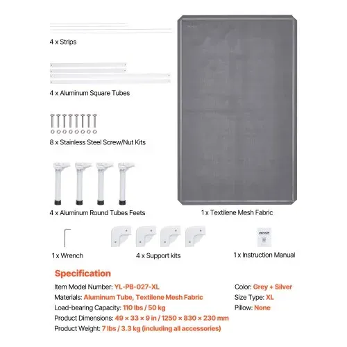 VEVOR erhöhtes Hundebett für große Hunde, tragbares erhöhtes Hundeliege mit Aluminiumrohr-Metallrahmen & atmungsaktivem Teslin-Netz, kühlendes Haustierbett XL (1250 x 830 mm) Grau – Bild 6