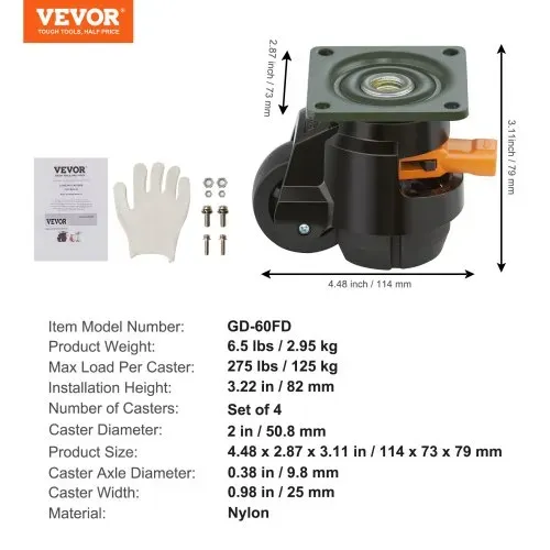 VEVOR 4er-Set Lenkrolle φ50,8mm Möbelrolle Höhenverstellbar Transportrolle 0,5 Tonnen Tragfähigkeit Schwerlastrolle aus Nylon Nivellierrolle Lastrolle Laufrolle für Holzregale Möbel Werkbänke – Bild 6