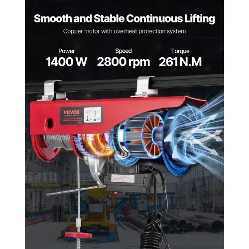 VEVOR Elektrische Seilwinde, 1000 kg, Motorwinde mit 100 m kabelloser und 4,2 m kabelgebundener Fernbedienung, 12 m Hubhöhe mit Einzelkabel, Einzel-/Doppelschlingen, Hebezeug für Garage, Lager, Fabrik – Bild 3