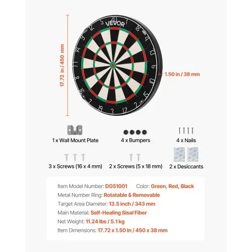 VEVOR Dartscheibe 450 mm, Sisalfaser-Dartboard mit klammerfreiem Bullseye, Blade-Draht & drehbarem Zahlenring, für Party- & Spielzimmer zu Hause (Darts nicht im Lieferumfang enthalten) – Bild 6