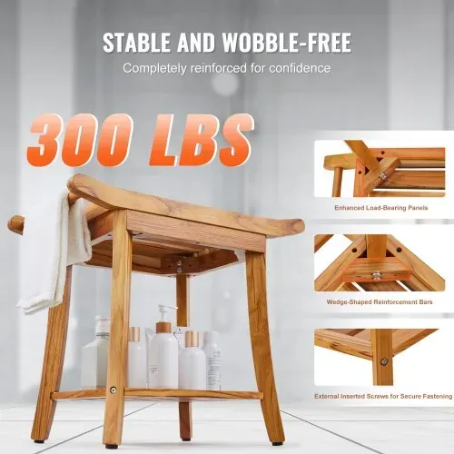 VEVOR Duschbank aus Teakholz, 56 x 36 x 47 cm, wasserdichter Duschhocker aus Holz mit Ablagefläche, Griff und rutschfesten Füßen, maximale Tragkraft 136 kg, für Badezimmer im Innen- und Außenbereich – Bild 2