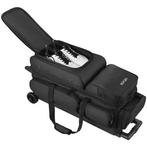 VEVOR Bowlingballtasche für 3 Bälle mit Doppelrollen & separatem Fach für Schuhe (bis US-Größe 16) & übergroßer Zubehörtasche, einziehbarer Griff lässt sich auf 105 cm ausziehen Schwarz – Bild 5