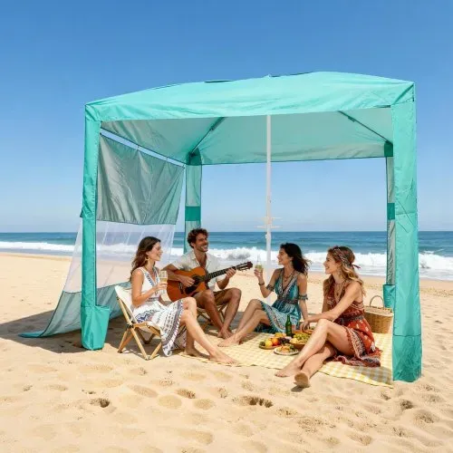 VEVOR Strand-Cabana, 2,4 x 2,4 m Strandzelt mit Seitenwand, UPF 50+ Sonnenschutz, Strandpavillon mit Sandsäcken, höhenverstellbarer & tragbarer Sonnenschutz für Familie und Freund, Grün – Bild 7