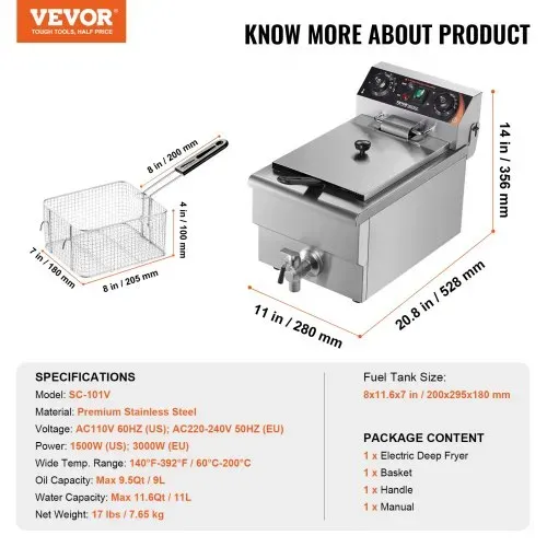 VEVOR kommerzielle Fritteuse, 1500 W elektrische Fritteuse mit Korb, 9 L Edelstahl Fritteuse mit Zeit- und Temperaturkontrolle, Überhitzungsschutz, Fritteuse für Küche Restaurant Café Bar – Bild 6