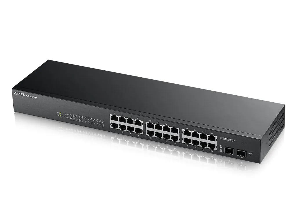 Zyxel Switch smart managed Layer2 26 Port • 24x 1 GbE • 2x SFP • 19″ • Lüfterlos • GS1900-24 V2 Zyxel Switch smart managed Layer2 26 Port • 24x 1 GbE • 2x SFP • 19″ • Lüfterlos • GS1900-24 V2