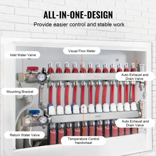 VEVOR 12-Abzweig-Wärmeverteilungsverteiler, 1/2-Zoll-PEX-Rohrverteiler, Edelstahl-PEX-Verteiler für hydronische Fußbodenheizung, Wärmeverteilungs-PEX-Verteilersatz mit 1/2-Zoll-Adaptern im Lieferumfang enthalten – Bild 3