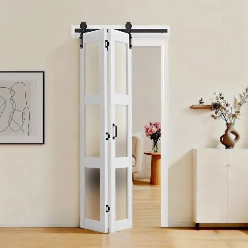 VEVOR Faltbare Schiebetür im Scheunentor-Stil 914×2134 mm, Falttür aus MDF + Gehärtetem Glas, mit Beschlagsatz, Platzsparendes Design, Vormontierte Paneele für Schlafzimmer Wohnzimmer Weiß VEVOR Faltbare Schiebetür im Scheunentor-Stil 914×2134 mm, Falttür aus MDF + Gehärtetem Glas, mit Beschlagsatz, Platzsparendes Design, Vormontierte Paneele für Schlafzimmer Wohnzimmer Weiß