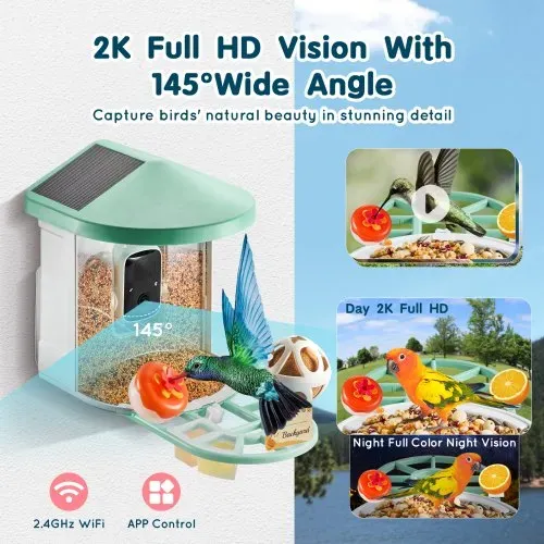 VEVOR Intelligenter Vogelfutterspender mit Kamera, 2K HD KI identifiziert über 10.000 Vogelarten, solarbetriebene Vogelbeobachtungskamera mit automatischer Aufnahme und sofortiger Benachrichtigung, kabelloses Outdoor-Geschenk für Vogelliebhaber (2 Solarmodule) – Bild 3