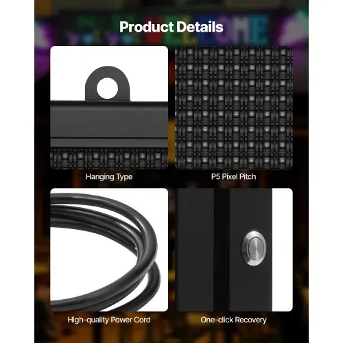 VEVOR programmierbare LED Zeichen P10 Vollfarbe flexibles digitales Scrolling Panel, DIY Anzeigetafel mit benutzerdefiniertem Textmuster und GIF & Bluetooth App Steuerung (670 x 350 x 55 mm) – Bild 3