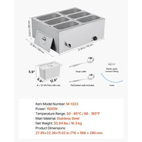 VEVOR kommerzieller Speisenwärmer (6 x 1/3 Größe Behälter), 1,5 kW elektrischer Wärmebehälter aus Edelstahl mit Abdeckung & Suppenkelle, Chafing Dishes Set für Catering Restaurant Party – Bild 6