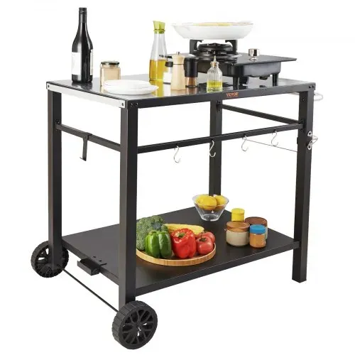 VEVOR Servierwagen Küchenwagen 100 x 64 x 83,5 cm Outdoor-Grill-Esswagen mit Doppelter Ablage, Beweglicher Grilltisch für die Zubereitung von Speisen, Multifunktionale Tischplatte aus Eisen Schwarz – Bild 8