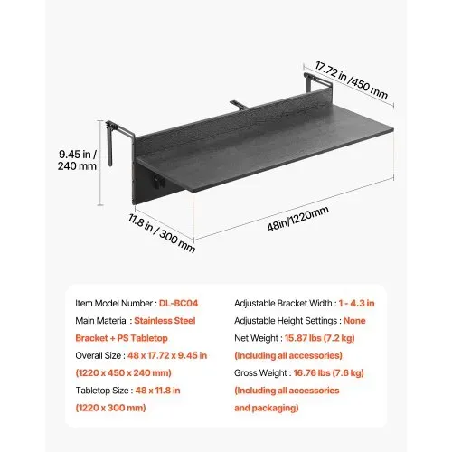 VEVOR Balkontisch, 1220x300mm, klappbarer Balkonhängetisch, Klapptisch für den Außenbereich, 22 kg Tragkraft, passend für Geländer von 2,54 bis 10,92 cm, Serviertisch für Terrasse und Deck – Bild 6