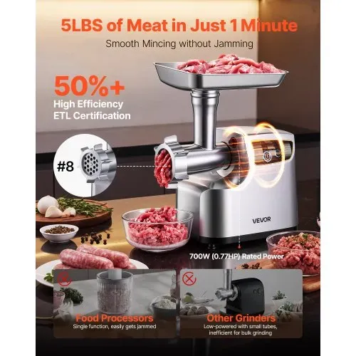 VEVOR Fleischwolf, 2,3 kg/min Kapazität, Elektrischer Fleischwolf #8 mit 3 Lochscheiben, 3 Wurstfüllrohren & Kubbe-Set, 700 W 2-in1 Küchenmaschine für die Heimische Küche VEVOR Fleischwolf, 2,3 kg/min Kapazität, Elektrischer Fleischwolf #8 mit 3 Lochscheiben, 3 Wurstfüllrohren & Kubbe-Set, 700 W 2-in1 Küchenmaschine für die Heimische Küche