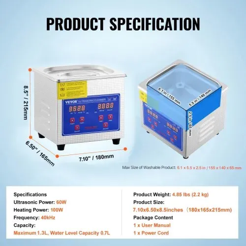 VEVOR Professioneller Ultraschallreiniger, 1,3 L Ultraschall-Schmuckreiniger mit digitalem Timer und Heizung, Edelstahl-Industrie-Schallreiniger 40 kHz für Brillen, Uhren, Ringe, Kleinteile – Bild 6