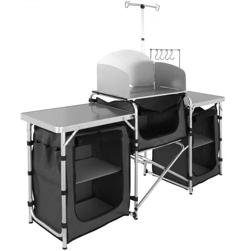 VEVOR Camping-Küchentisch, Klappbarer Outdoor-Kochtisch mit Aufbewahrungstasche, Aluminium-Kochstation mit 3 Schränken und Abnehmbarer Windschutzscheibe, Schneller Aufbau für Picknicks, Grill usw. – Bild 10