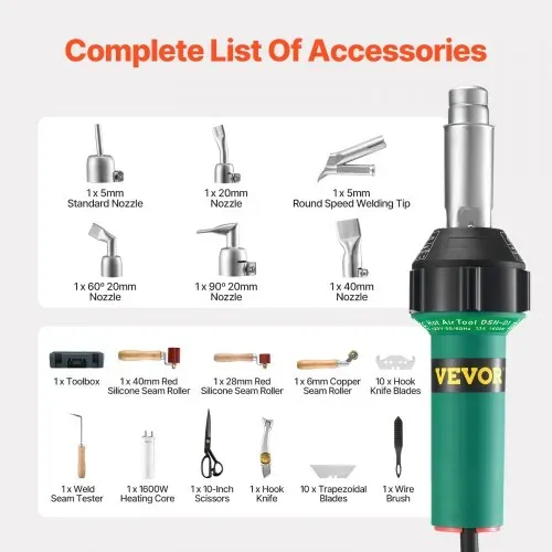 VEVOR Heißluft-Kunststoffschweißgerät, 1600 W Heißluftpistole, 50–600 °C PVC TPO Vinyl Schweißbrenner, Hot Air Welder Set mit 17 Zubehörteilen – Werkzeugkasten, Düse, Rolle, Klingen für PP/PE/PVC – Bild 5