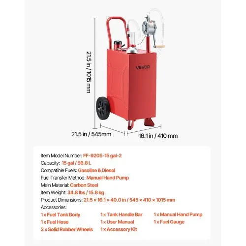 VEVOR 56,8L Kraftstofftrolley Mobile Tankanlage mit Manueller Pumpe Rot, Kohlenstoffstahl, Mit 2 Rollen & 3m Förderschlauch, Max. 17,8L/min Durchfluss, Benzin & Diesel, Ideal für ATV UTV Motorrad – Bild 6