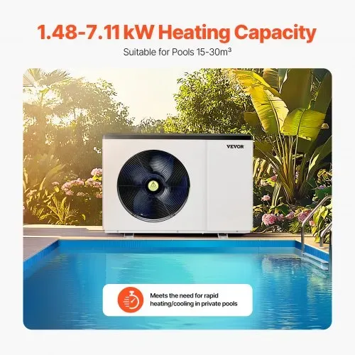 VEVOR Elektrische Pool-Wärmepumpe, 1,48–7,11 kW Heizleistung, energiesparende Poolheizungen mit variabler Frequenz für 15–30 m³ Aufstellpools, Heiz- und Kühlpool-Warmwasserbereiter VEVOR Elektrische Pool-Wärmepumpe, 1,48–7,11 kW Heizleistung, energiesparende Poolheizungen mit variabler Frequenz für 15–30 m³ Aufstellpools, Heiz- und Kühlpool-Warmwasserbereiter