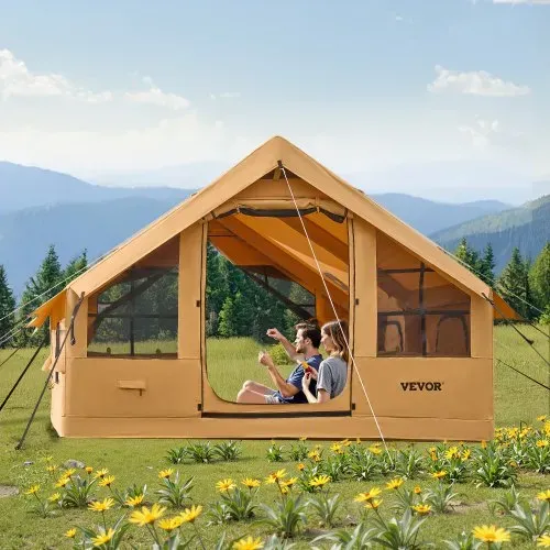 VEVOR Aufblasbares Zelt für Camping, 5-8 Personen Zelt mit Handpumpe, 4x3x2,2 m Glamping-Zelt mit 2 Oberlichtern, Baldachin, Ofenanschluss, 2 Türen, Netzfenstern & Aufbewahrungstasche – Bild 7
