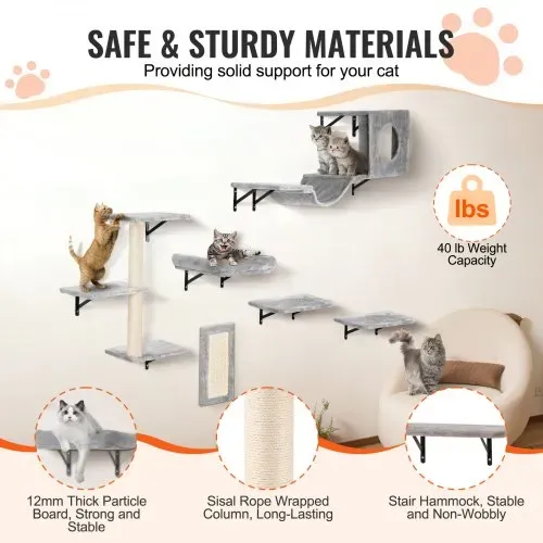 VEVOR Katzenregale zur Wandmontage, Katzenwandregale und Sitzstangen mit Sprungbrettern, Hängematte, Sofa, Katzenbaum & Katzengriff, Katzenmöbel und Regale bis zu 18 kg zum Schlafen, Spielen, Klettern, 6er-Set – Bild 2